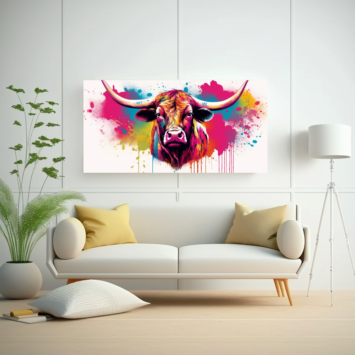 cuadro-tela-dise-o-equilibrio-vaca-longhorn-arco-ris-rosa-neo-pop-arte-1