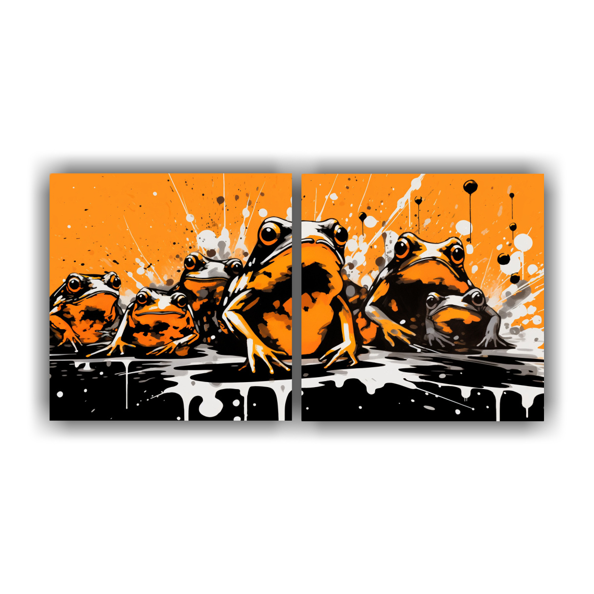 cuadros-abstractos-de-ranas-y-sapos-en-colores-naranja-y-negro