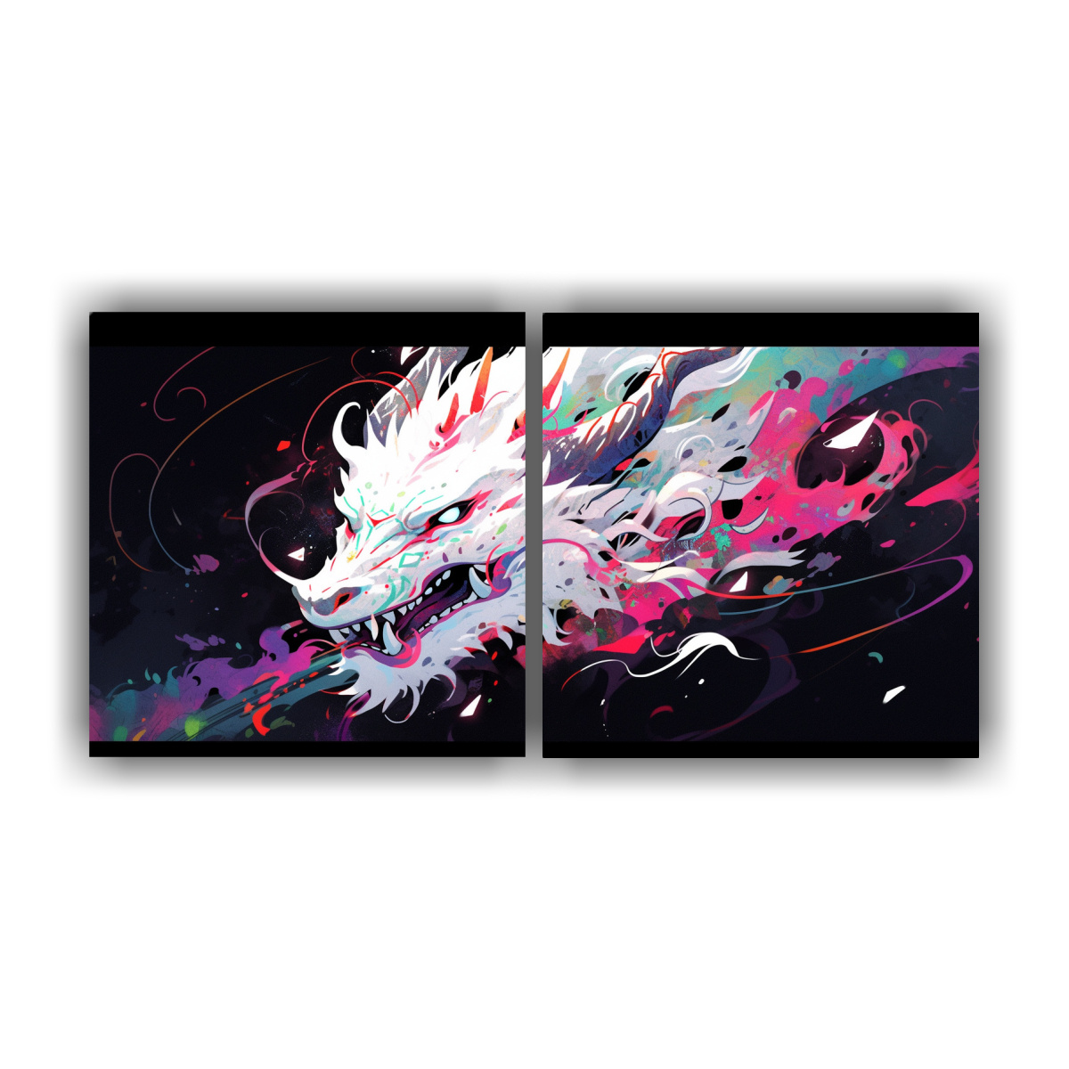 cuadros-modernos-a-dragon-en-colores-vibrantes-y-blanco-ambiente-neonoir