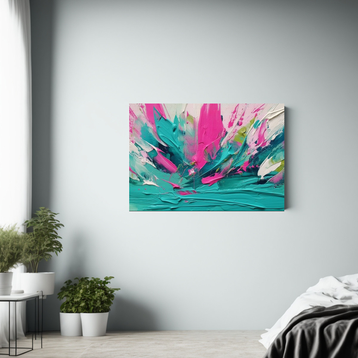 cuadros-modernos-contrastantes-pinceladas-caprichosas-fucsias-turquesa-verde-bohemio-1