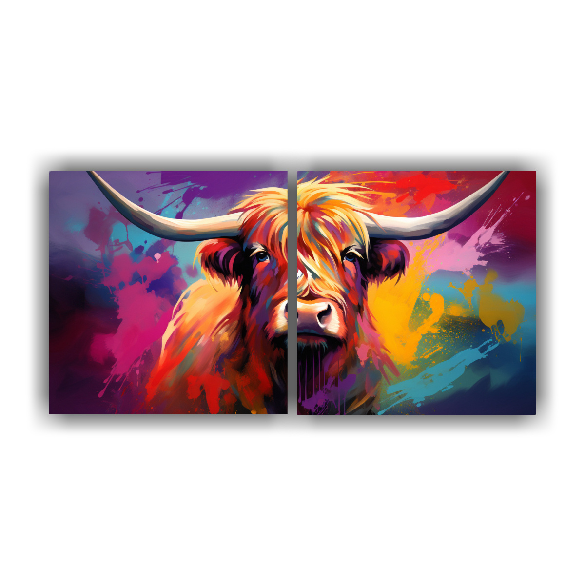 cuadros-tela-vaca-de-las-highlands-arco-ris-y-p-rpura-neo-pop-art