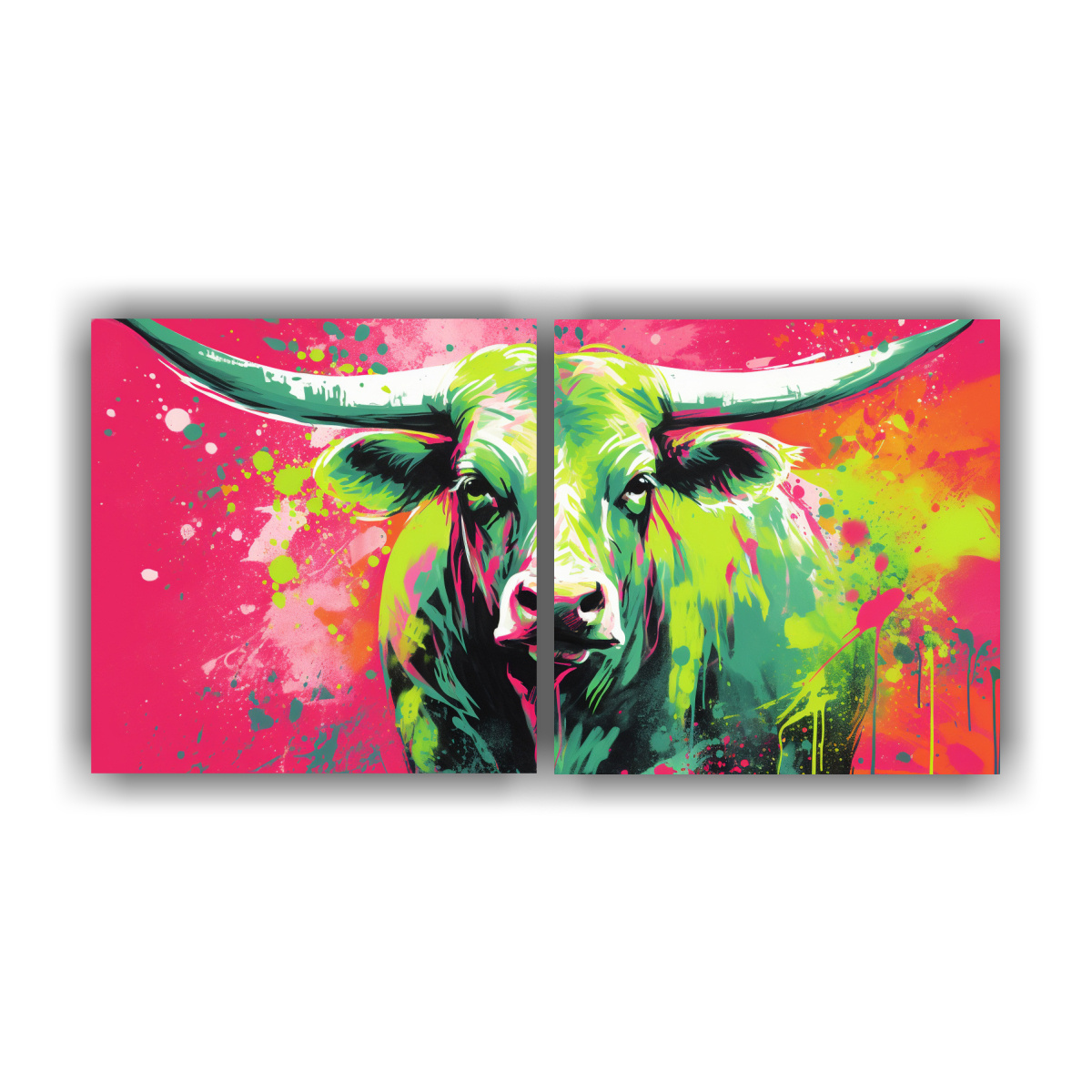 cuadros-vaca-longhorn-en-verde-y-rosa-neo-pop-art