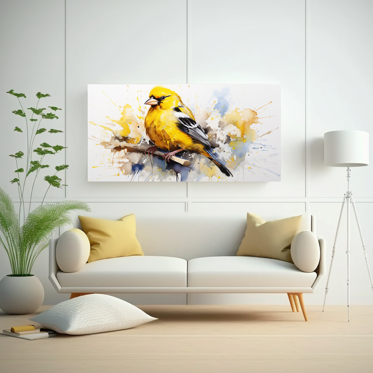 lienzo-de-tela-finch-en-amarillo-y-oro-arte-pop-neo-en-la-decoraci-n-de-los-60s-1