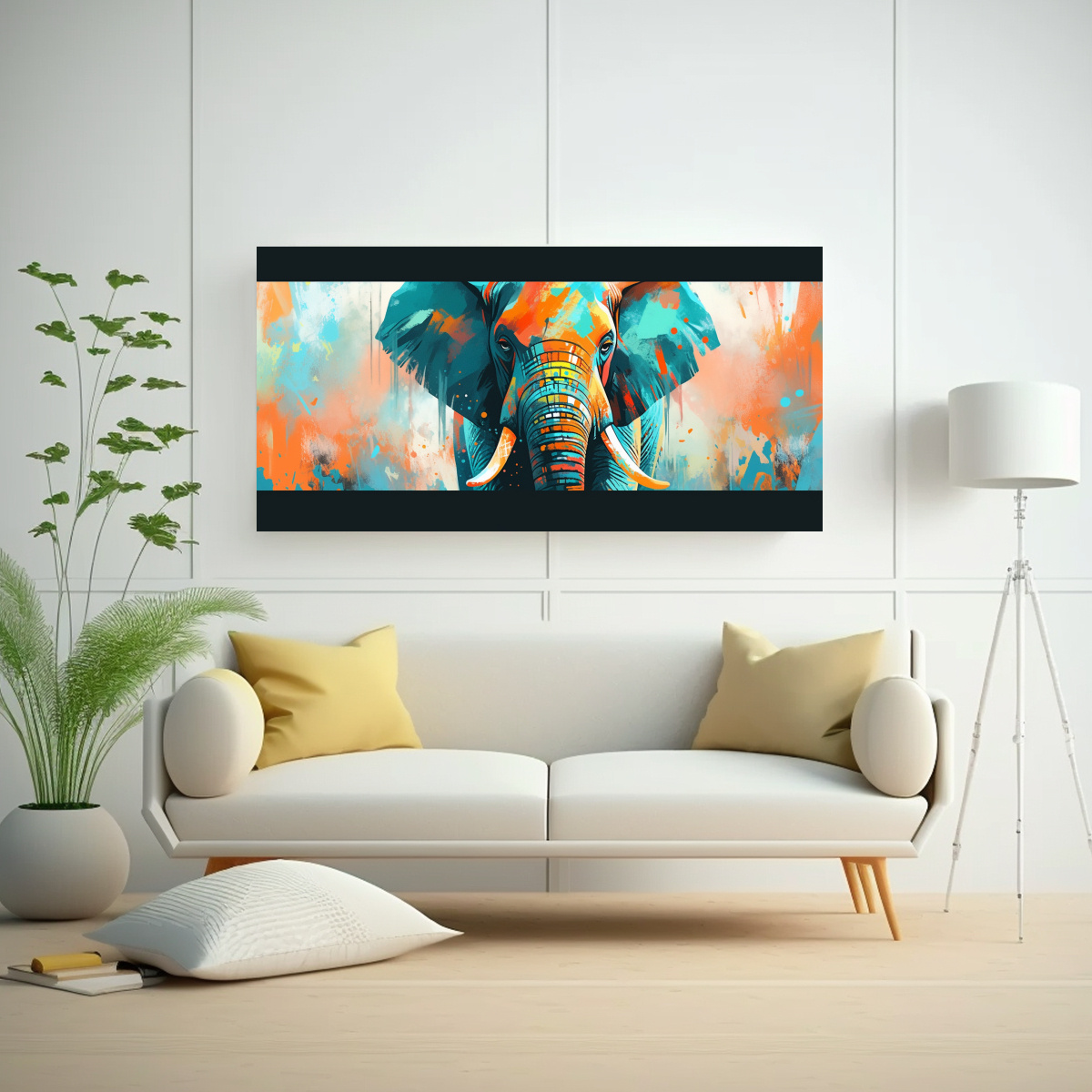 lienzo-moderno-elefante-en-colores-turquesa-y-naranja-arte-pop-neo-1