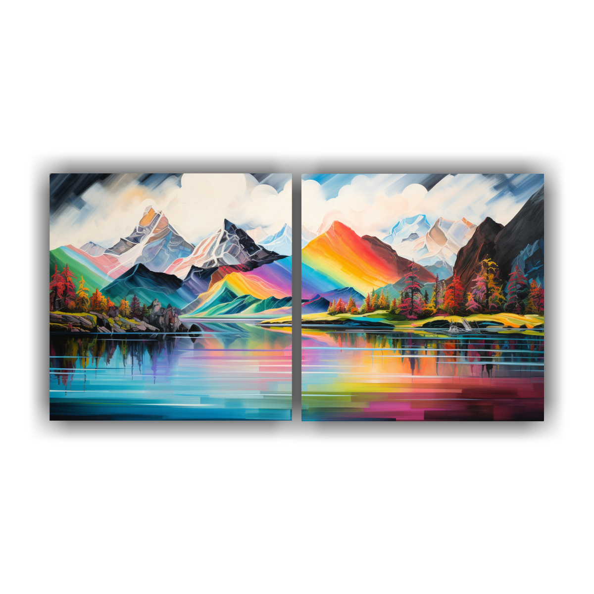 lienzos-paisaje-monta-as-junto-lago-con-arco-ris-y-colores-oscuros