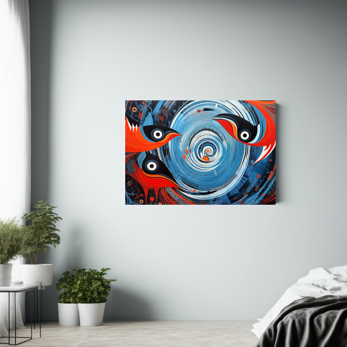 pintura-abstracta-de-aves-azules-y-blancas-en-rojo-1