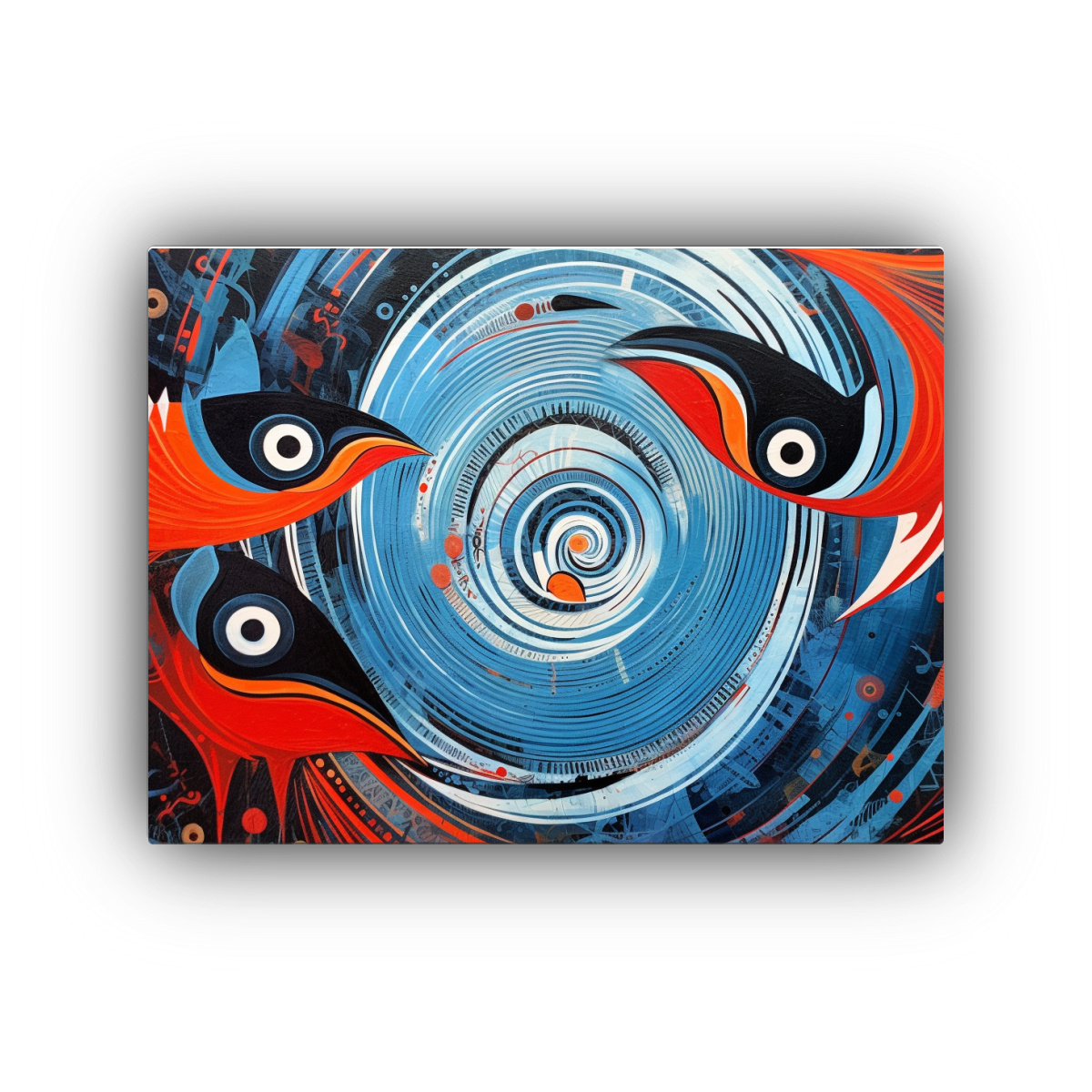 pintura-abstracta-de-aves-azules-y-blancas-en-rojo