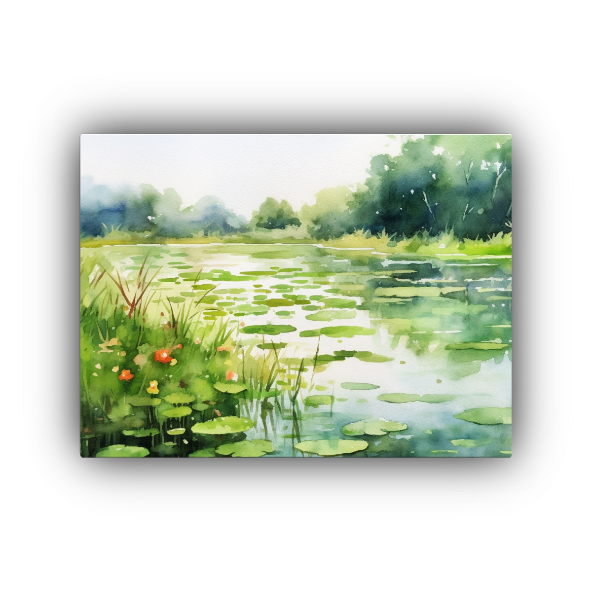 pintura-acuarela-campo-verde-con-estanque-