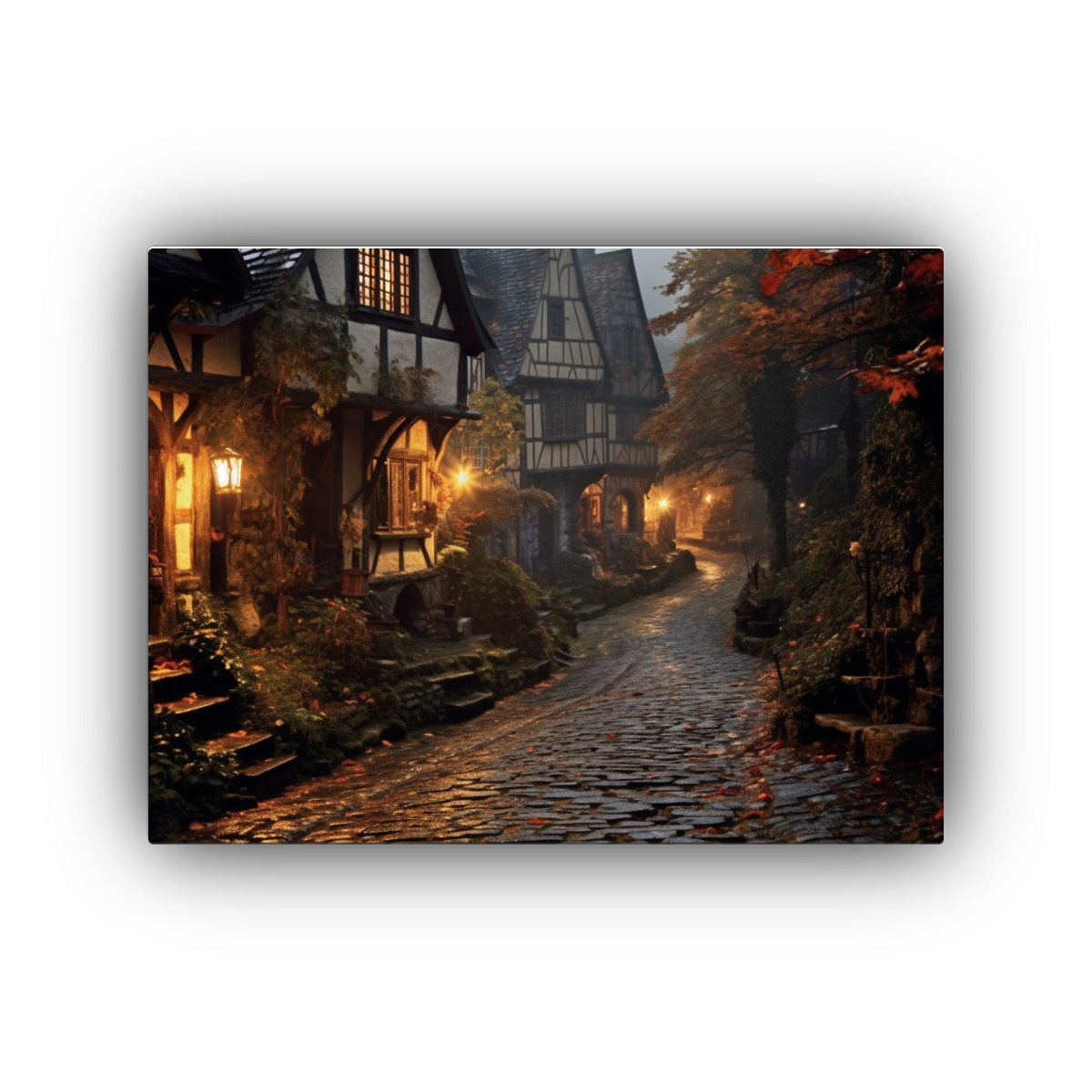 pintura-de-tela-en-bastidor-creativa-de-la-calle-estrecha-medieval-de-samhain