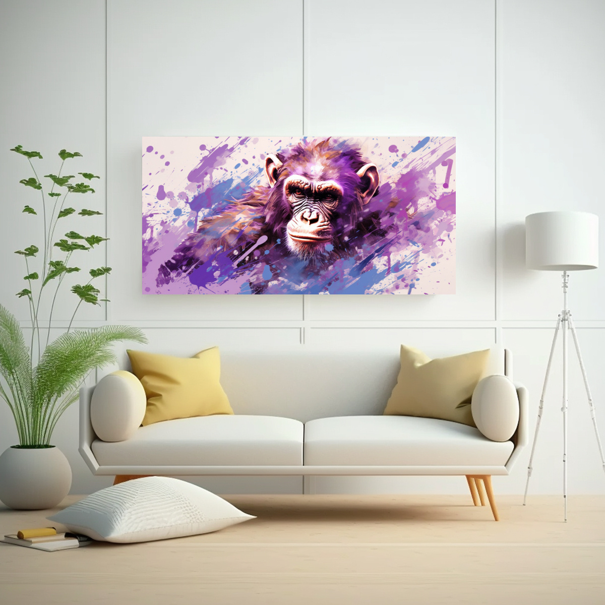 pintura-decorativa-de-chimpanc-en-tonos-topo-y-violeta-neo-pop-art-1
