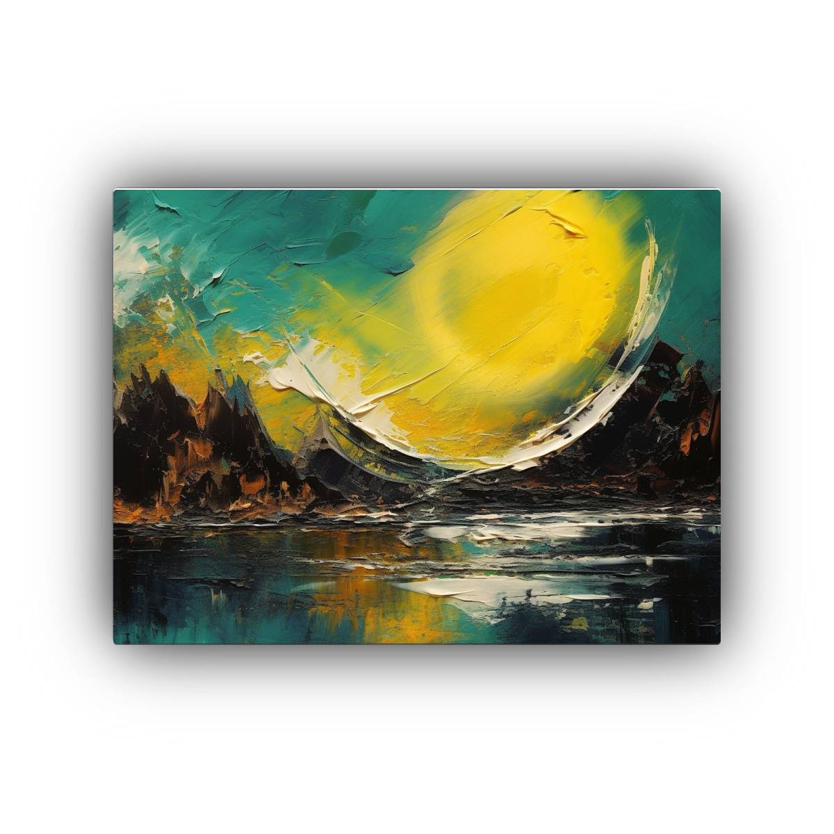 pintura-decorativa-de-luna-amarilla-y-monta-as-en-la-noche-profunda-