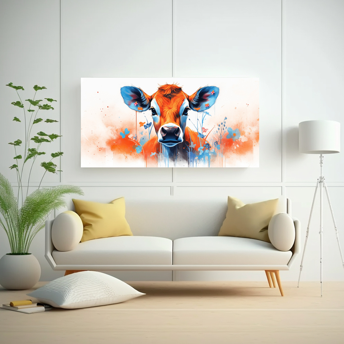 pintura-decorativa-de-vaca-jersey-en-colores-naranja-y-azul-estilo-neo-pop-art-1