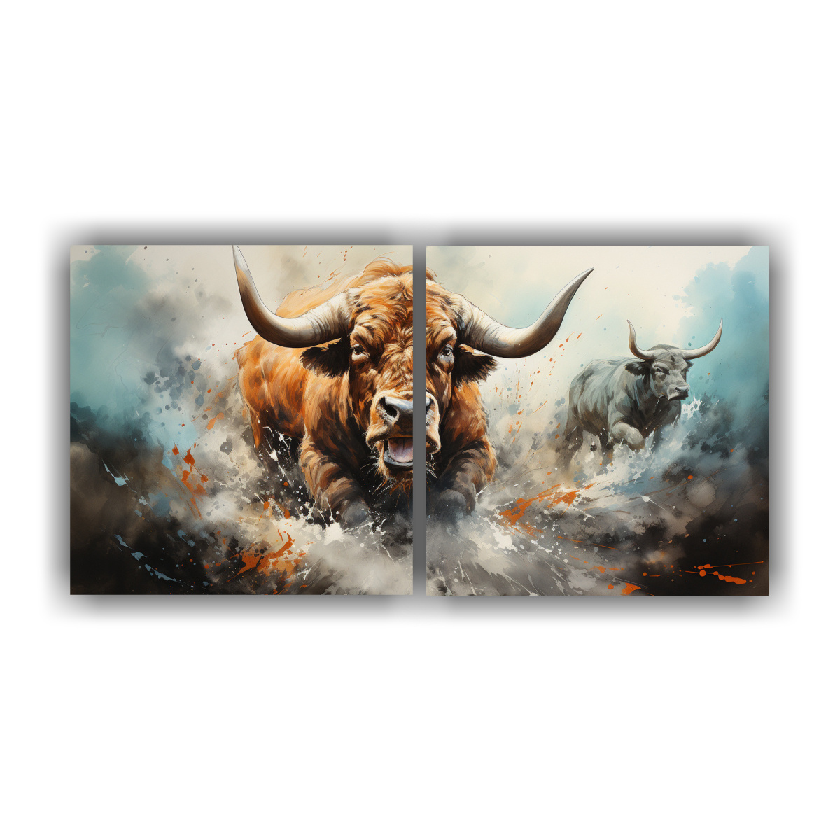 pintura-en-acuarela-de-toros-en-estilo-espectacular-sobre-dos-telas-en-bastidor
