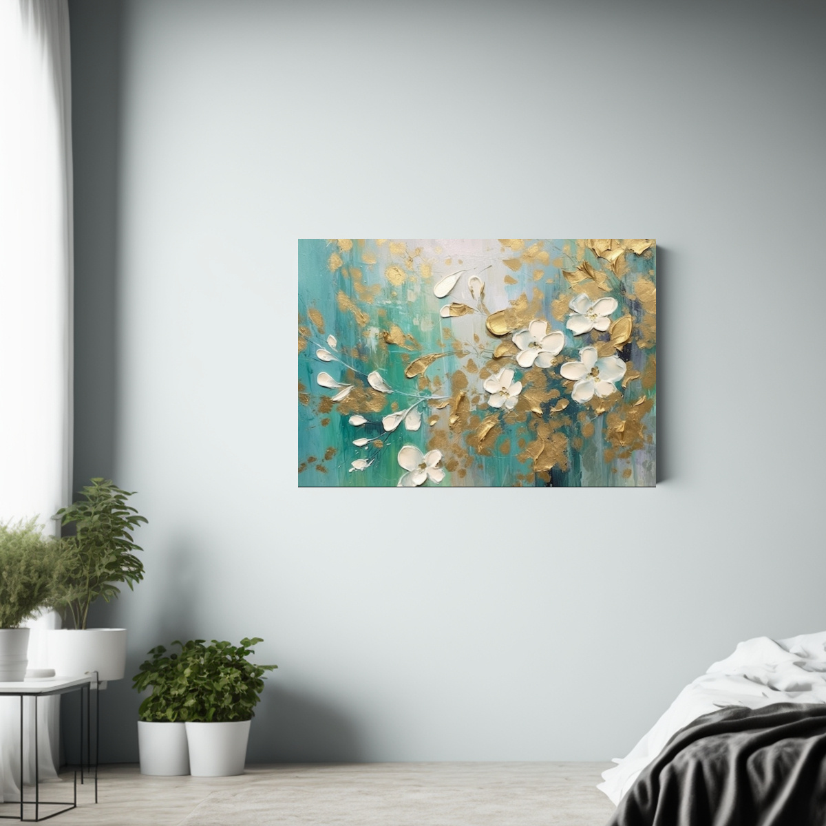 pintura-juvenil-abstracta-verde-dorada-con-flores-en-lienzo-1