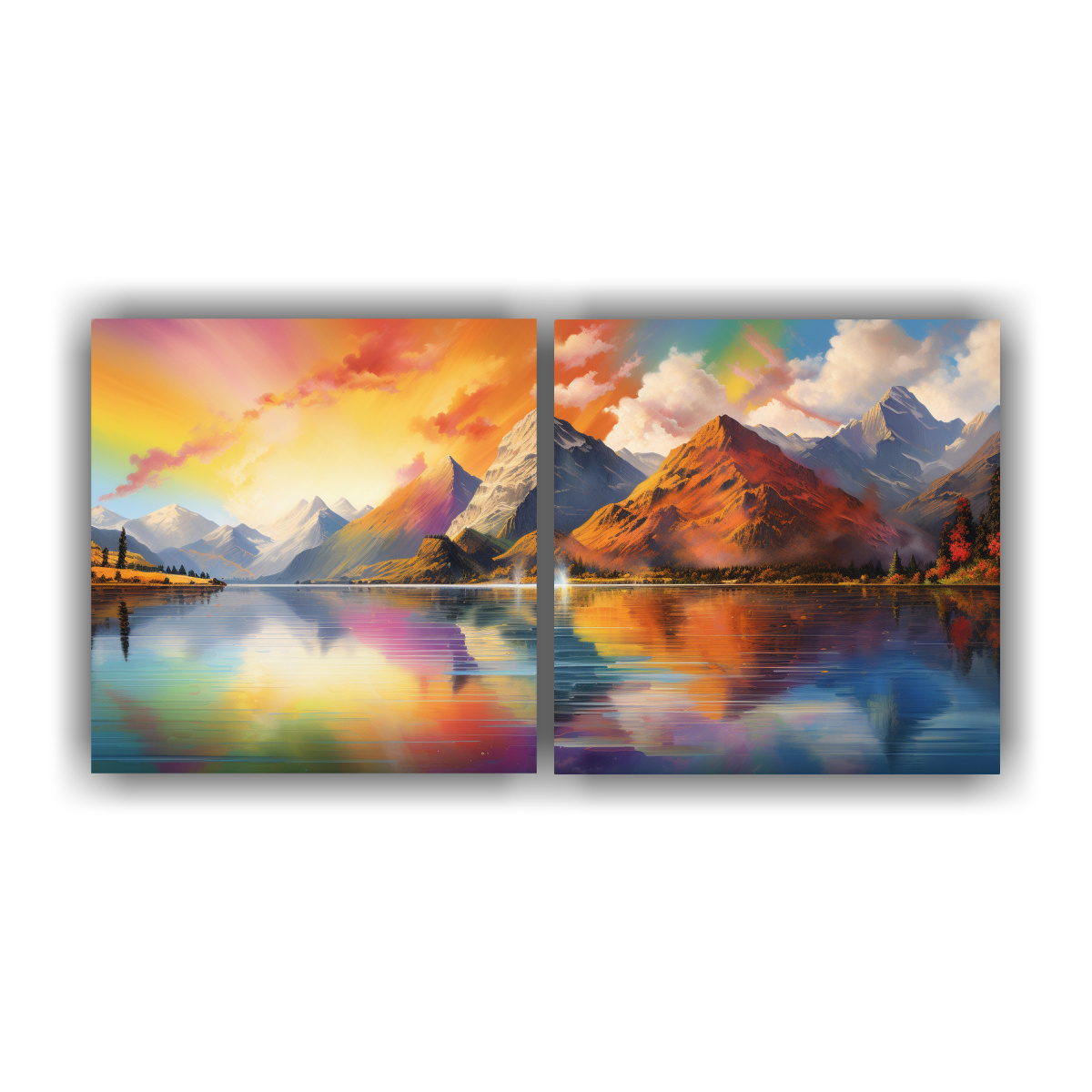 pinturas-abstractas-de-dos-telas-con-reflejo-de-monta-as-junto-al-lago-con-colores-arco-ris-y-naranja