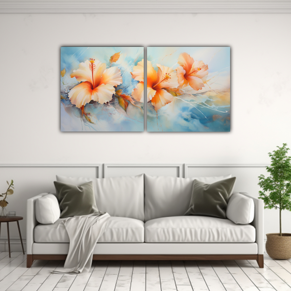 pinturas-abstractas-de-hibiscos-blancos-y-naranjas-en-dos-cuadros-1