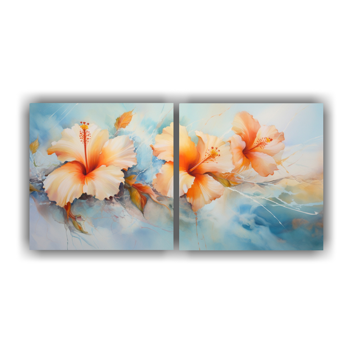 pinturas-abstractas-de-hibiscos-blancos-y-naranjas-en-dos-cuadros