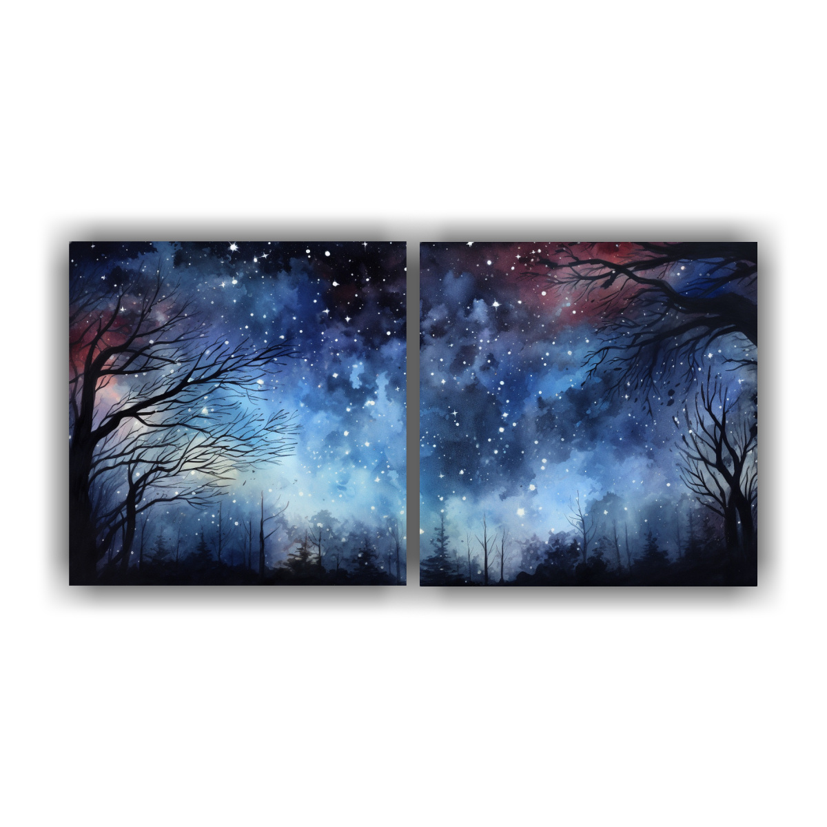 pinturas-abstractas-de-noche-estrellada-y-acuarela-en-dos-telas