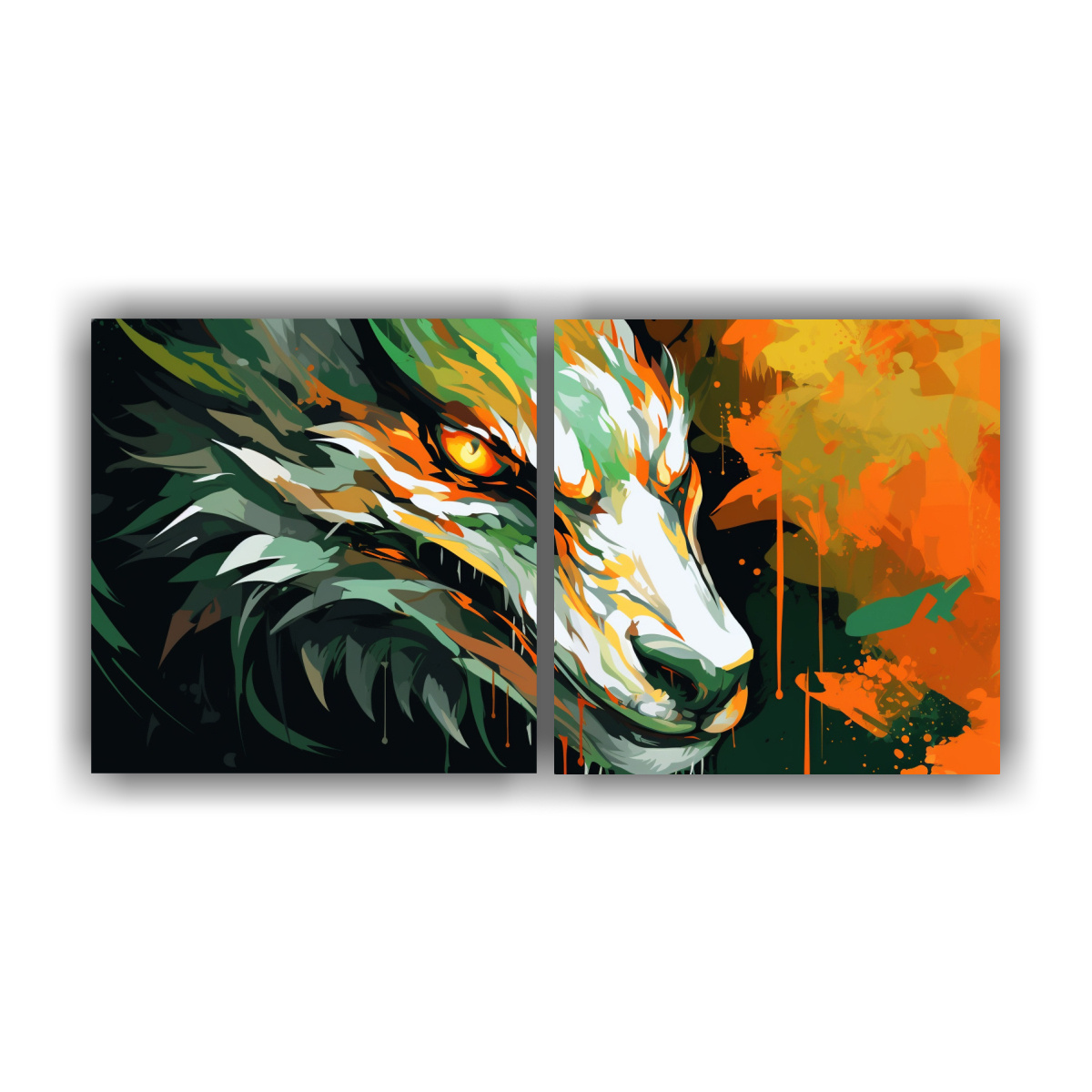 Pinturas De Decoración De Dragón En Verde Y Naranja Con Atmósfera Neonoir