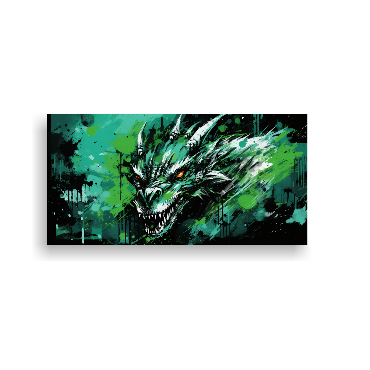 Pinturas Decorativas: Composición Dinámica De Dragón En Tonos Verde Y Negro.