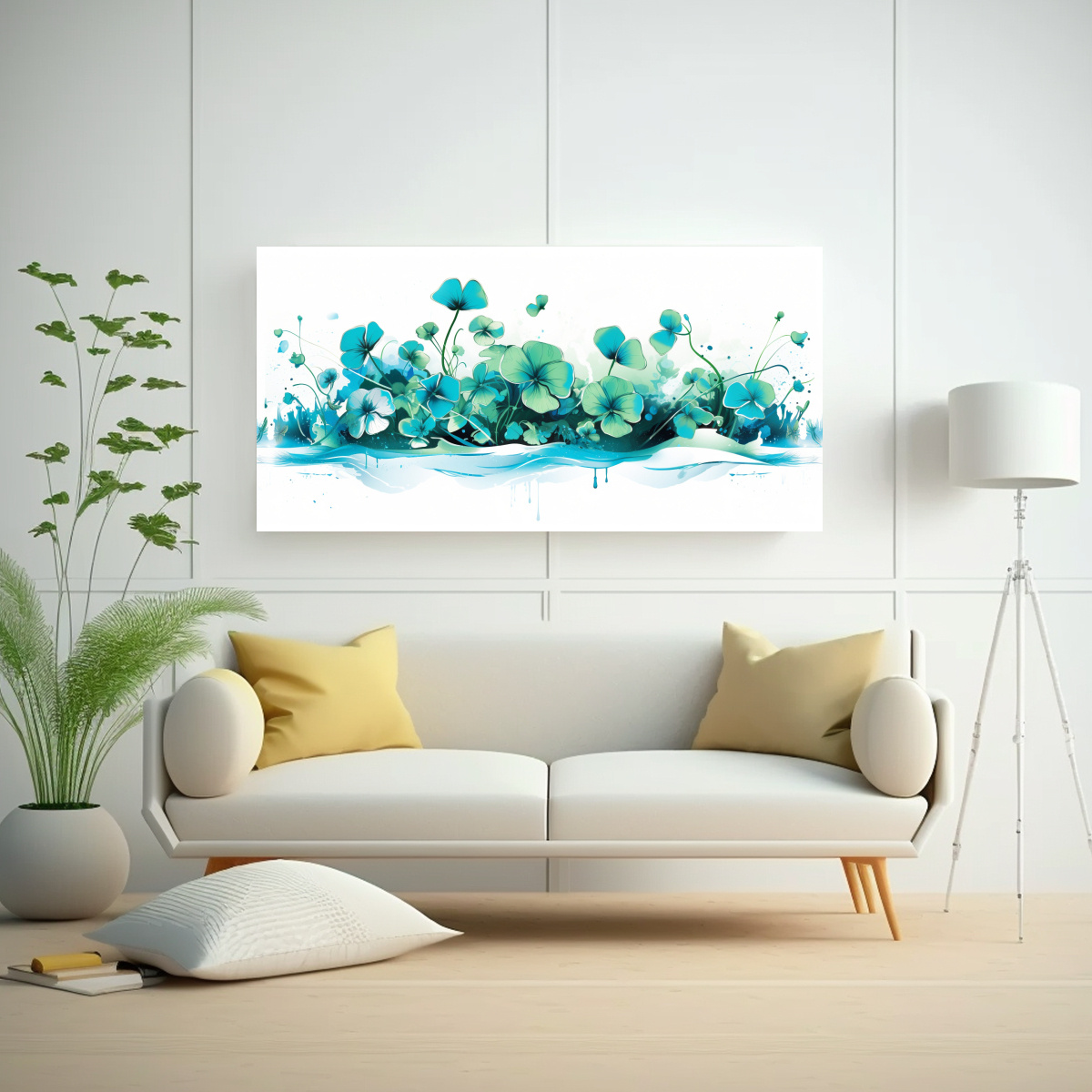 pinturas-decorativas-de-arte-fino-de-hierbas-de-tr-bol-en-blanco-y-turquesa-1-1