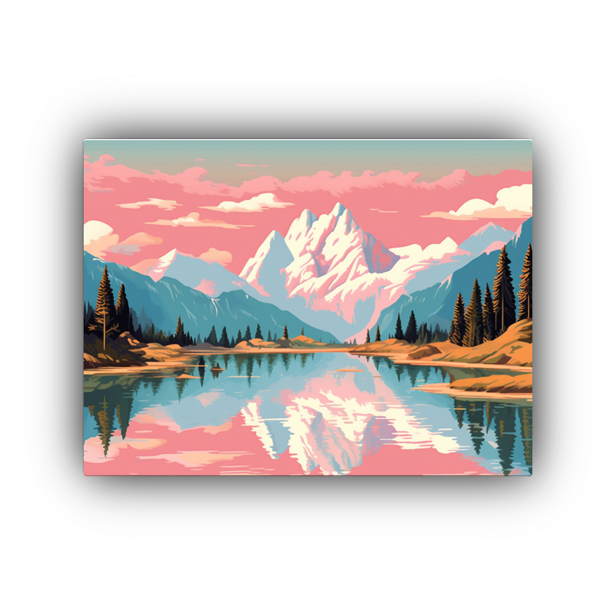 pinturas-decorativas-de-arte-moderno-street-art-en-rosa-claro-y-azul-cielo-monta-as-y-lago