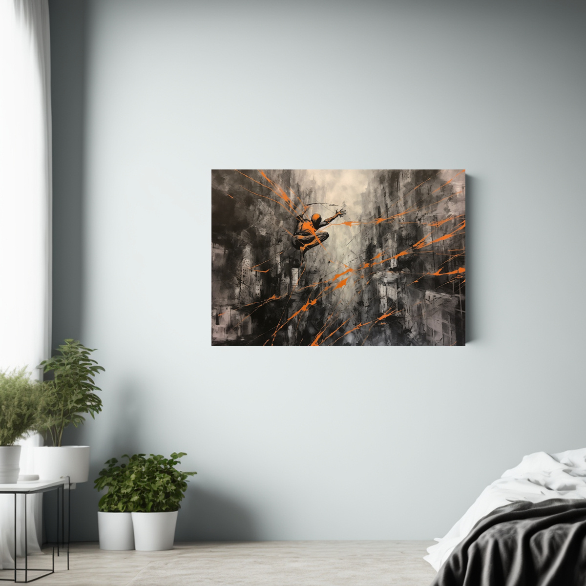 pinturas-decorativas-de-arte-vanguardia-armon-a-spiderman-en-la-ciudad-estilo-negro-y-naranja-1-1