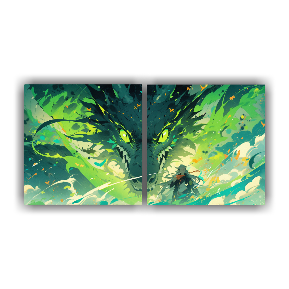 Pinturas Decorativas De Dragón En Tonos Verdes Con Atmósfera Neonoir Neo Pop.