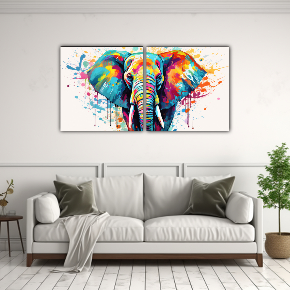 pinturas-decorativas-de-elefante-en-sabana-arco-ris-y-turquesa-1