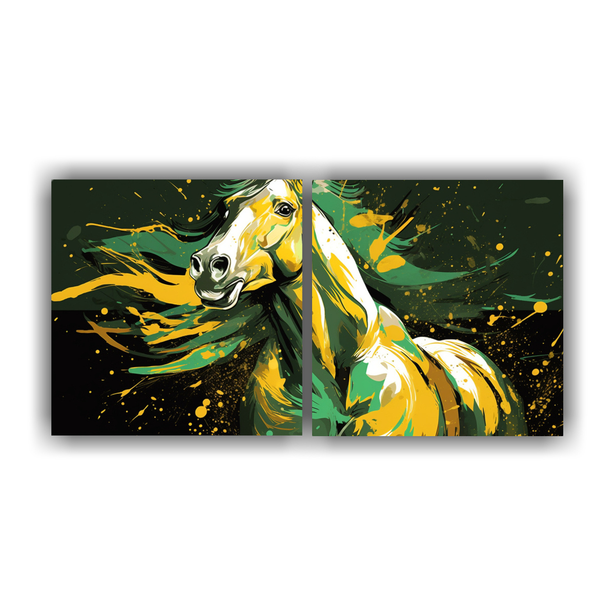 pinturas-decorativas-de-flores-y-caballo-en-tonos-verde-y-dorado-arte-neo-pop-