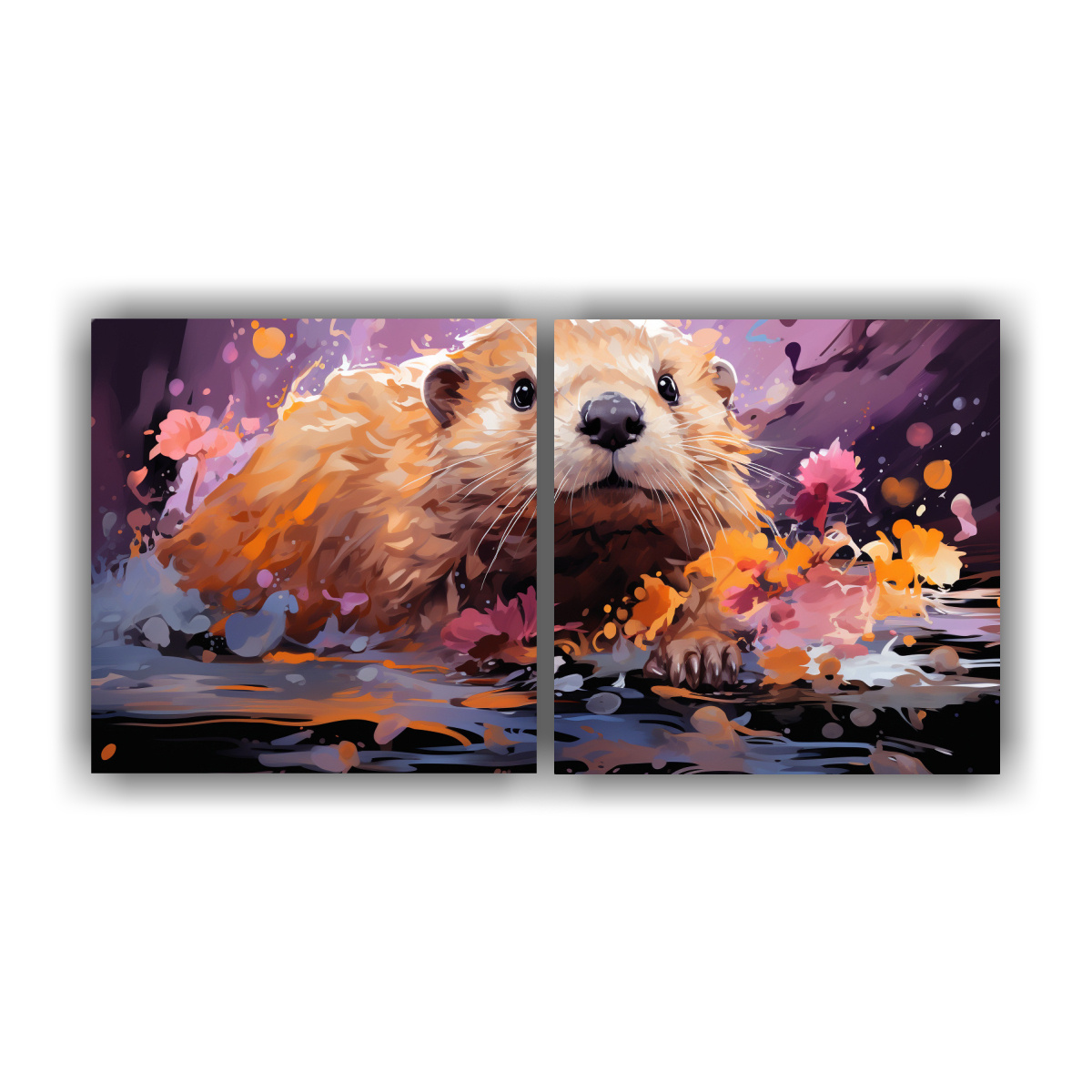 pinturas-decorativas-en-bastidor-beaver-y-rosa-beb-en-tela-canvas-neo-pop-art
