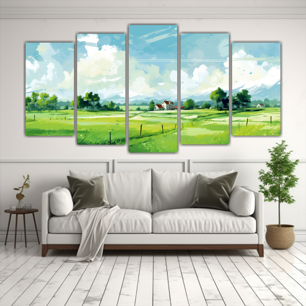 cinco-lienzos-inspiradores-para-cocina-en-paisaje-de-verano-con-colores-verdes-neo-pop-art-1