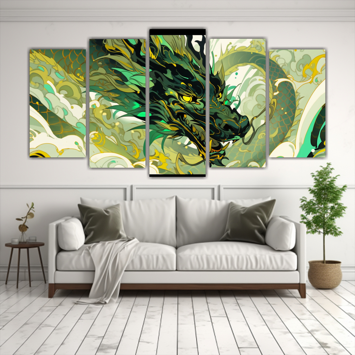 conjunto-cuadros-tela-canvas-brillante-drag-n-verde-y-oro-ambiente-neonoir-1