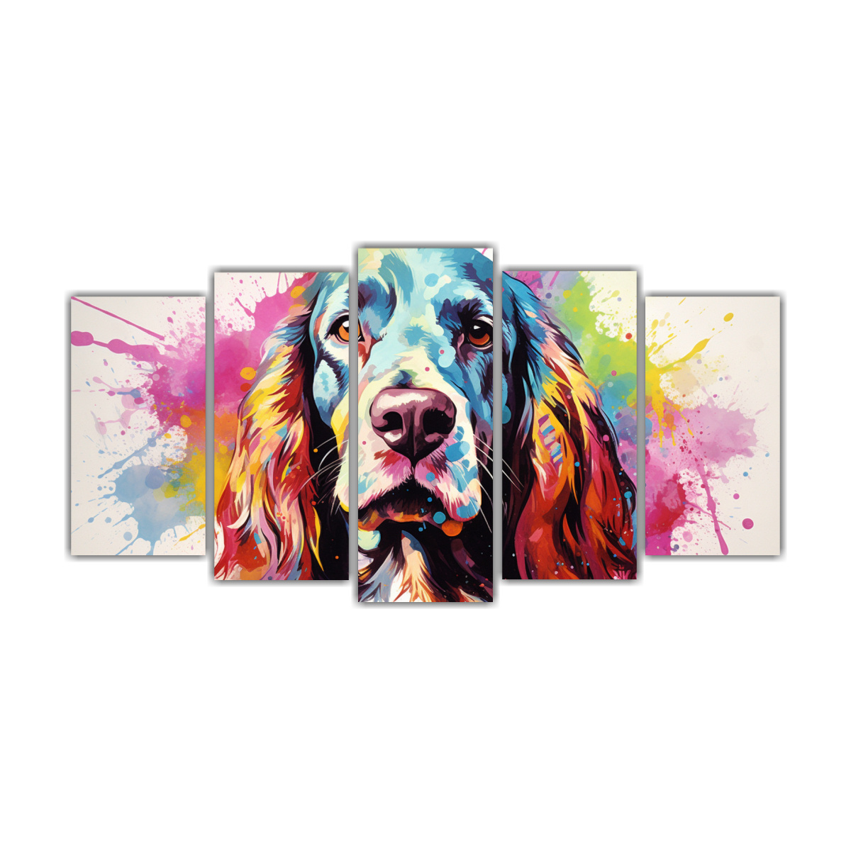 conjunto-de-5-lienzos-de-tela-escena-setter-en-colores-arco-ris-y-verde
