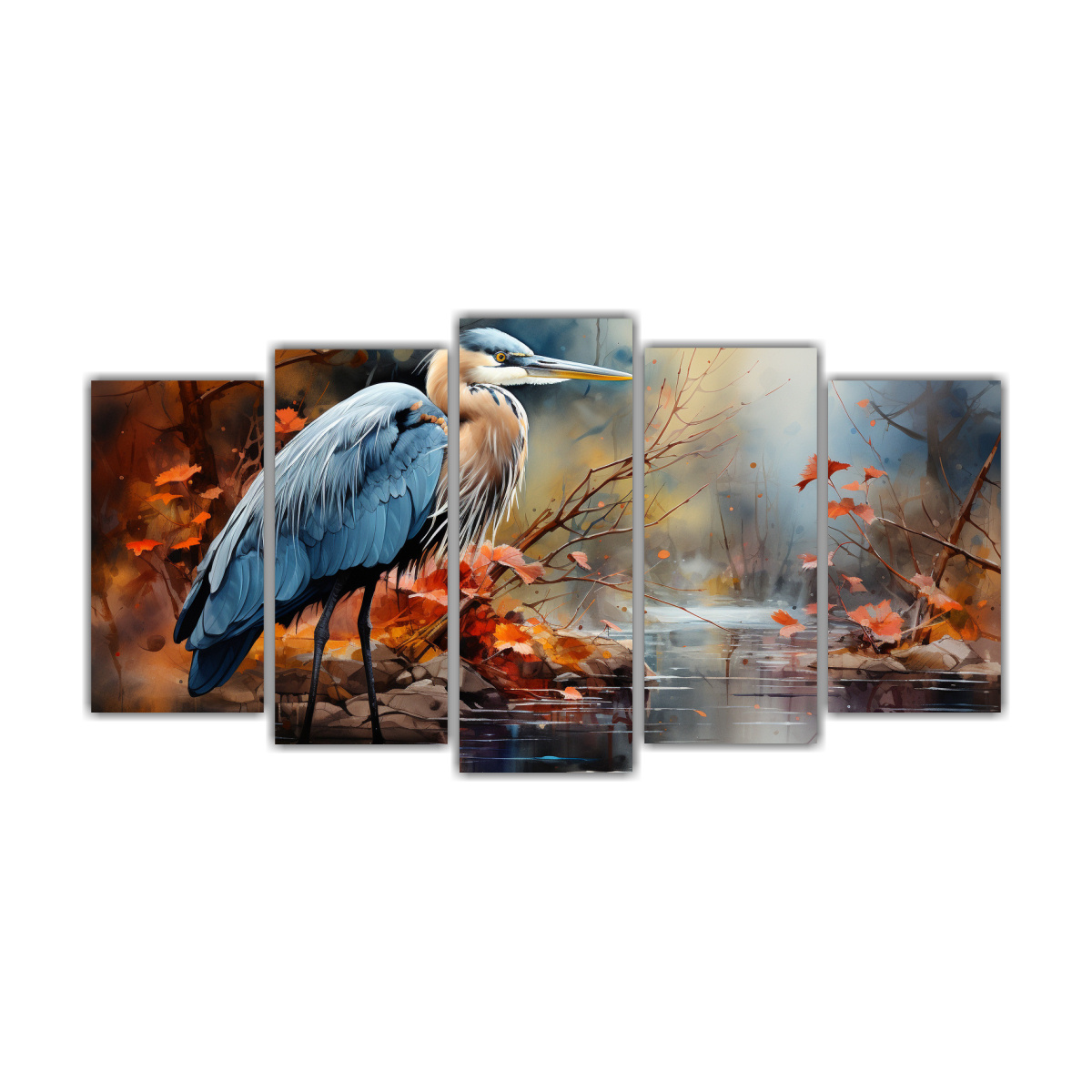 conjunto-de-5-telas-en-bastidor-tema-escena-a-garza-acuarelas-coloridas-estilo-pintura