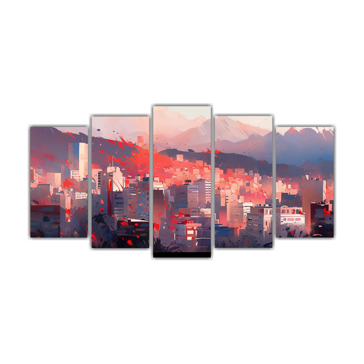 conjunto-de-cuadros-minimalistas-santiago-en-chile-en-tonos-pastel-y-rojo-neon