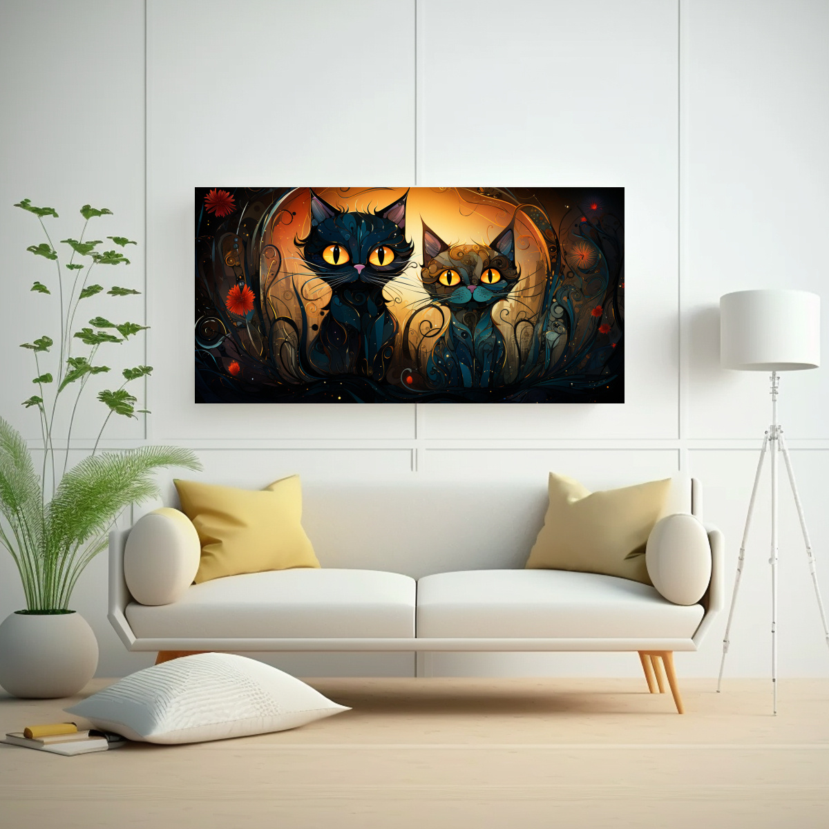 cuadro-de-gatos-con-ojos-naranjas-mirando-al-sol-en-arte-de-pared-1