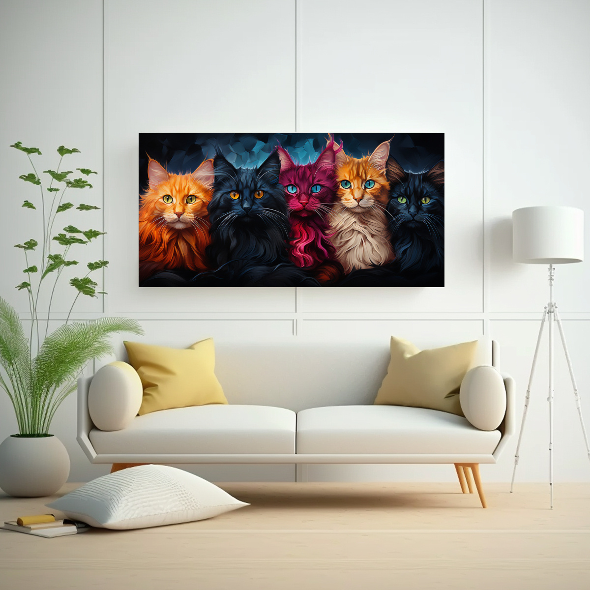 cuadro-de-gatos-de-colores-en-lienzo-con-tonos-amarillos-1