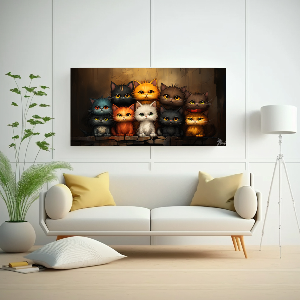 cuadro-de-gatos-de-colores-sobre-fondo-naranja-1