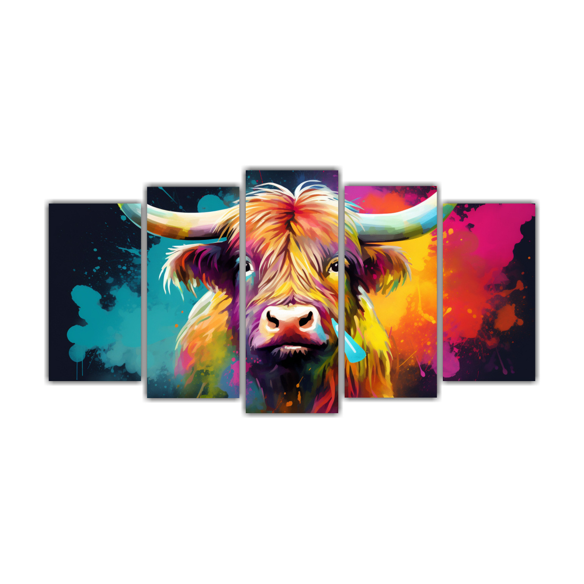 cuadro-de-highland-cow-en-colores-arco-ris-y-morados-set-5-telas-expresi-n-inspiraci-n
