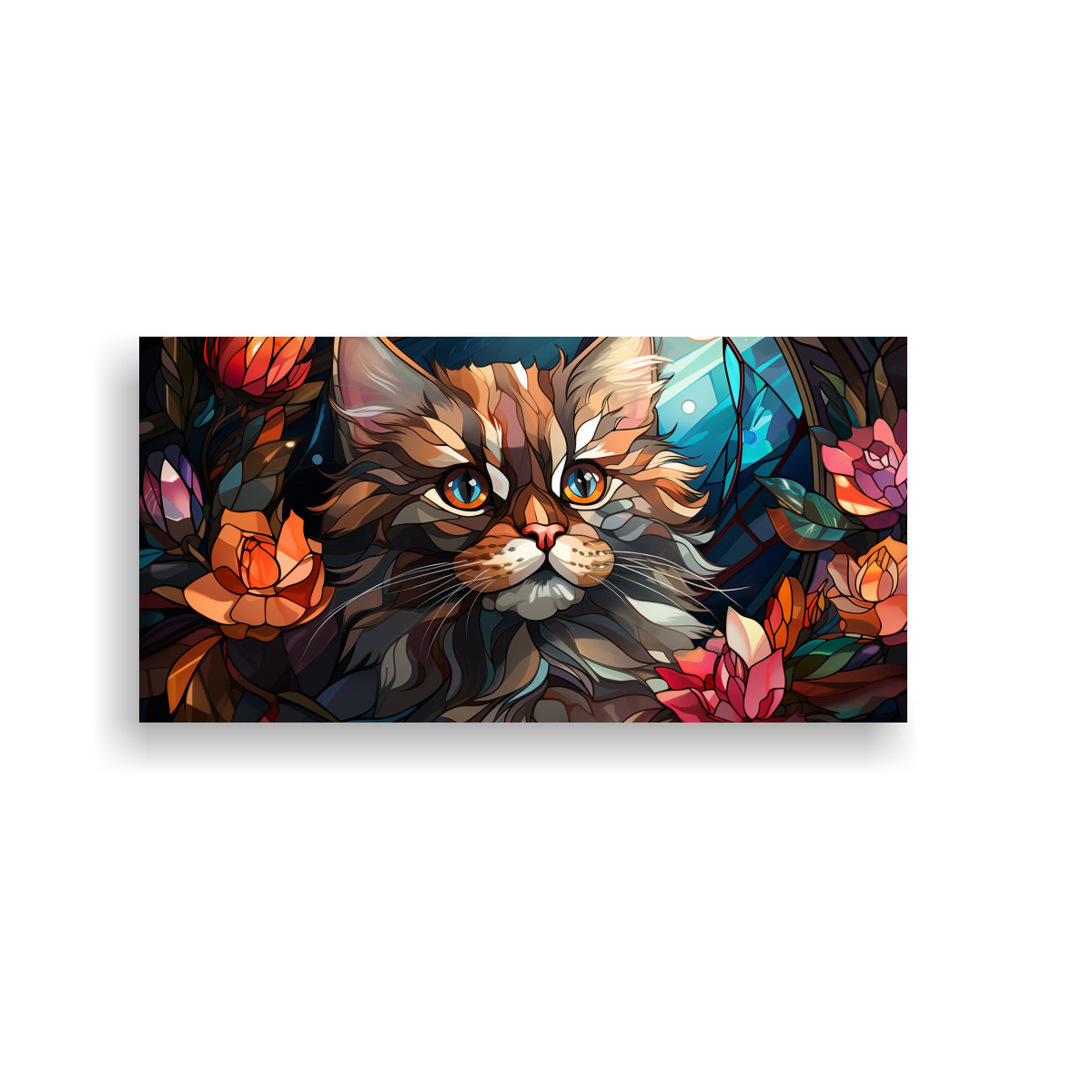cuadro-de-tela-con-dibujo-tierno-de-gatito-y-flores-coloridas-