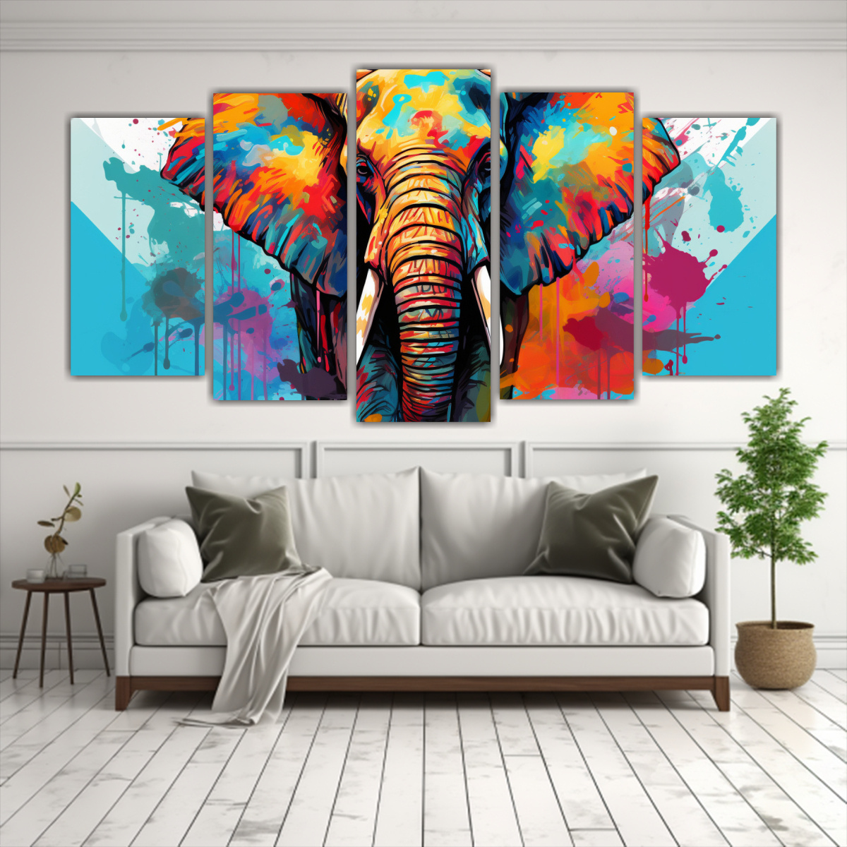 cuadro-elefante-savanna-arco-ris-y-turquesa-set-5-telas-bastidor-1-1