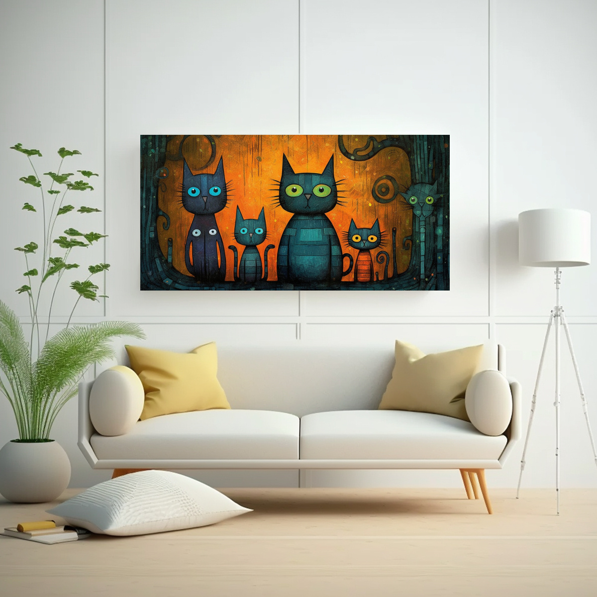 cuadro-en-bastidor-dibujo-equilibrio-visual-familia-de-gatos-whimsical-cartoon-impresionista-1