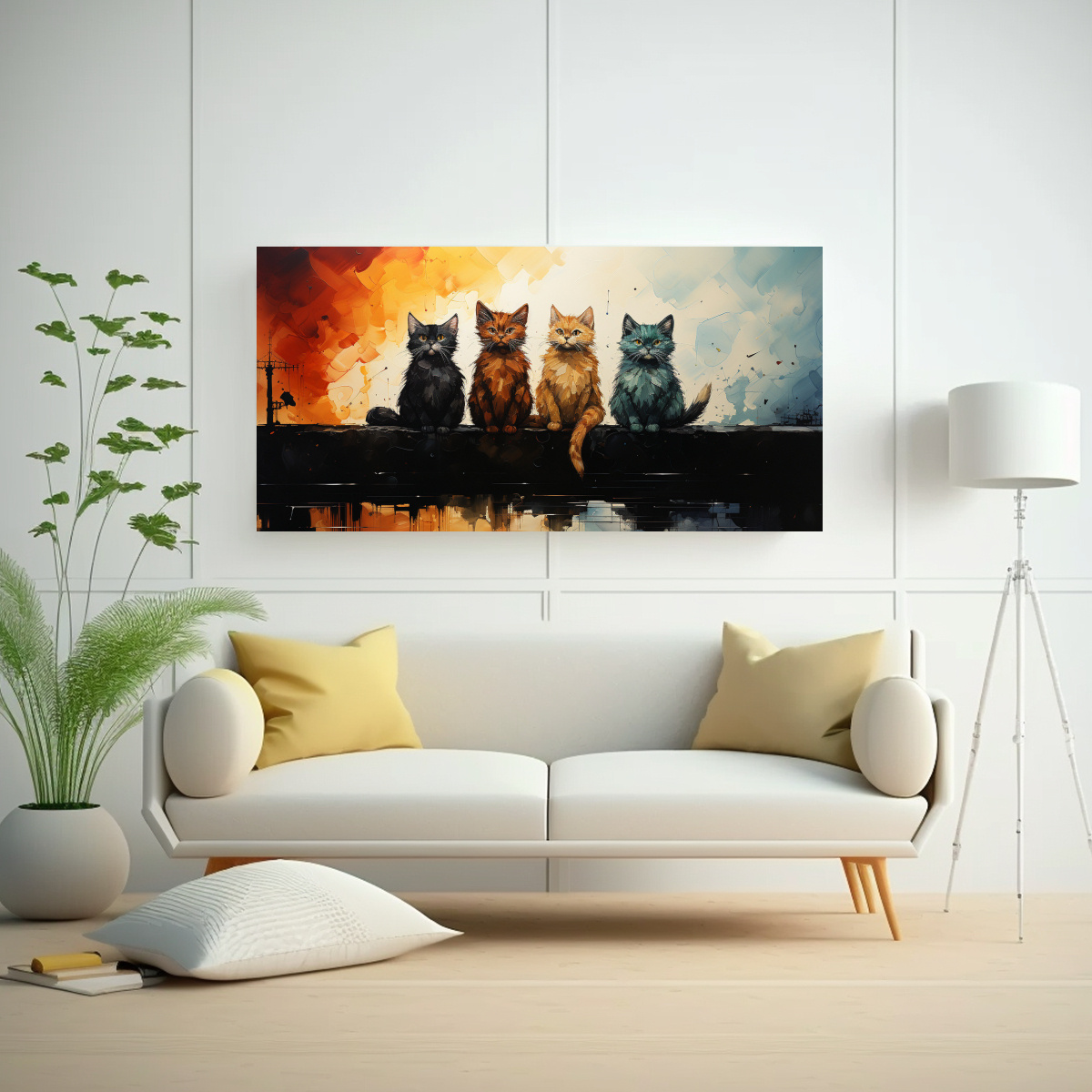 cuadro-impreso-gatos-coloridos-mirando-hacia-arriba-desde-un-tejado-1
