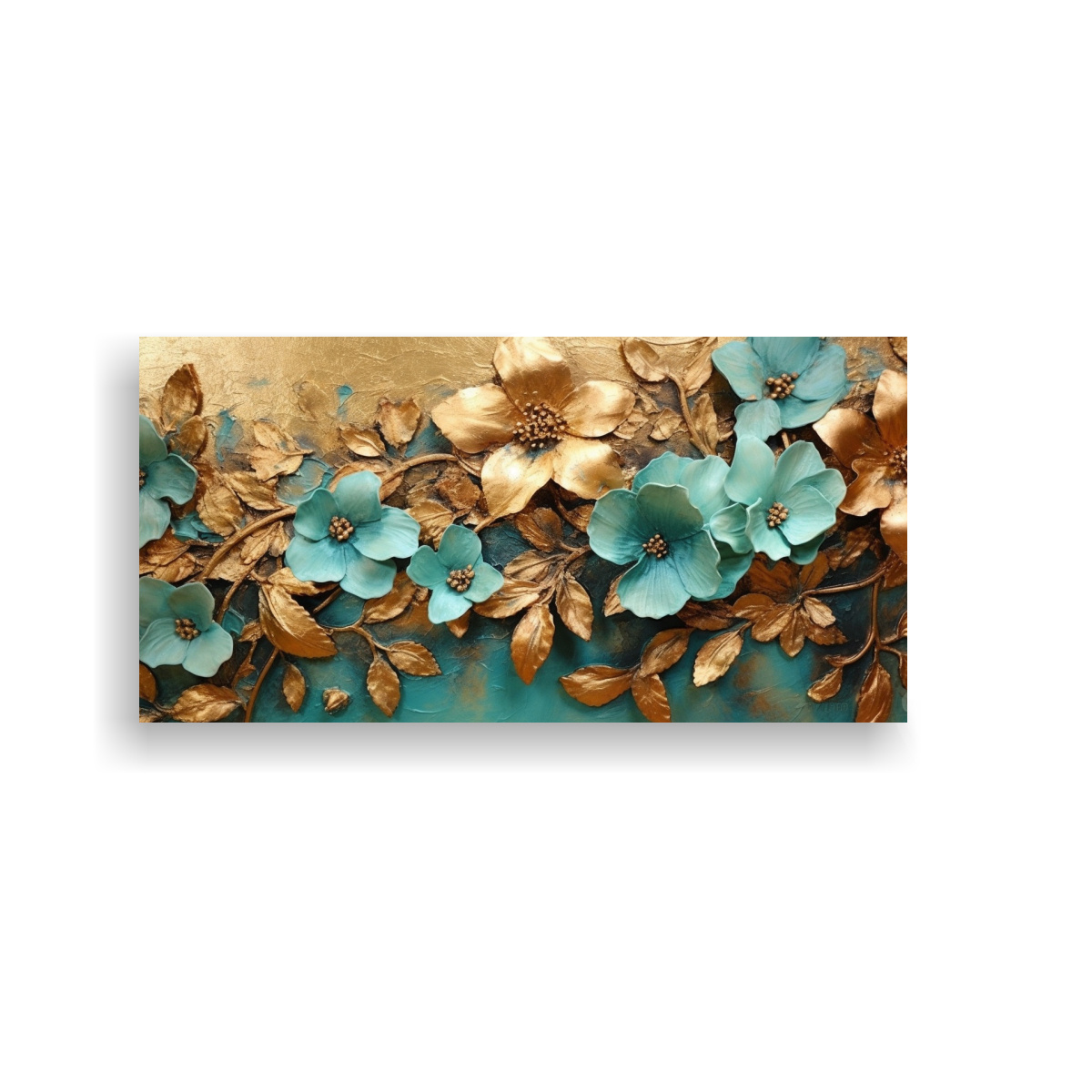 cuadro-minimalista-con-hoja-de-oro-en-relieve-y-flores-en-turquesa