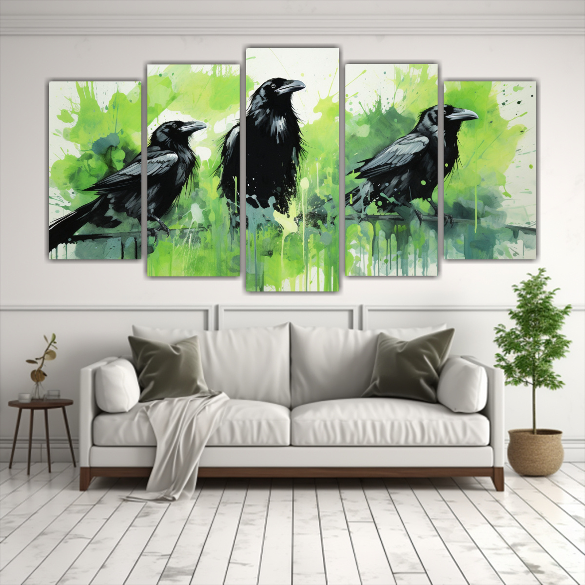 cuadros-abstractos-de-cuervos-y-cuervos-en-verde-y-blanco-neo-pop-arte-1