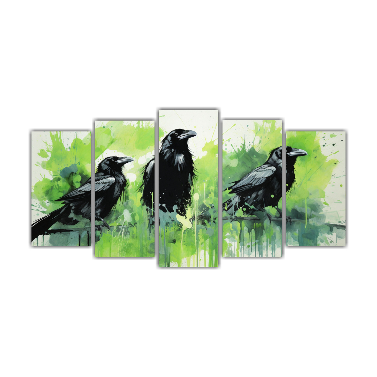 cuadros-abstractos-de-cuervos-y-cuervos-en-verde-y-blanco-neo-pop-arte