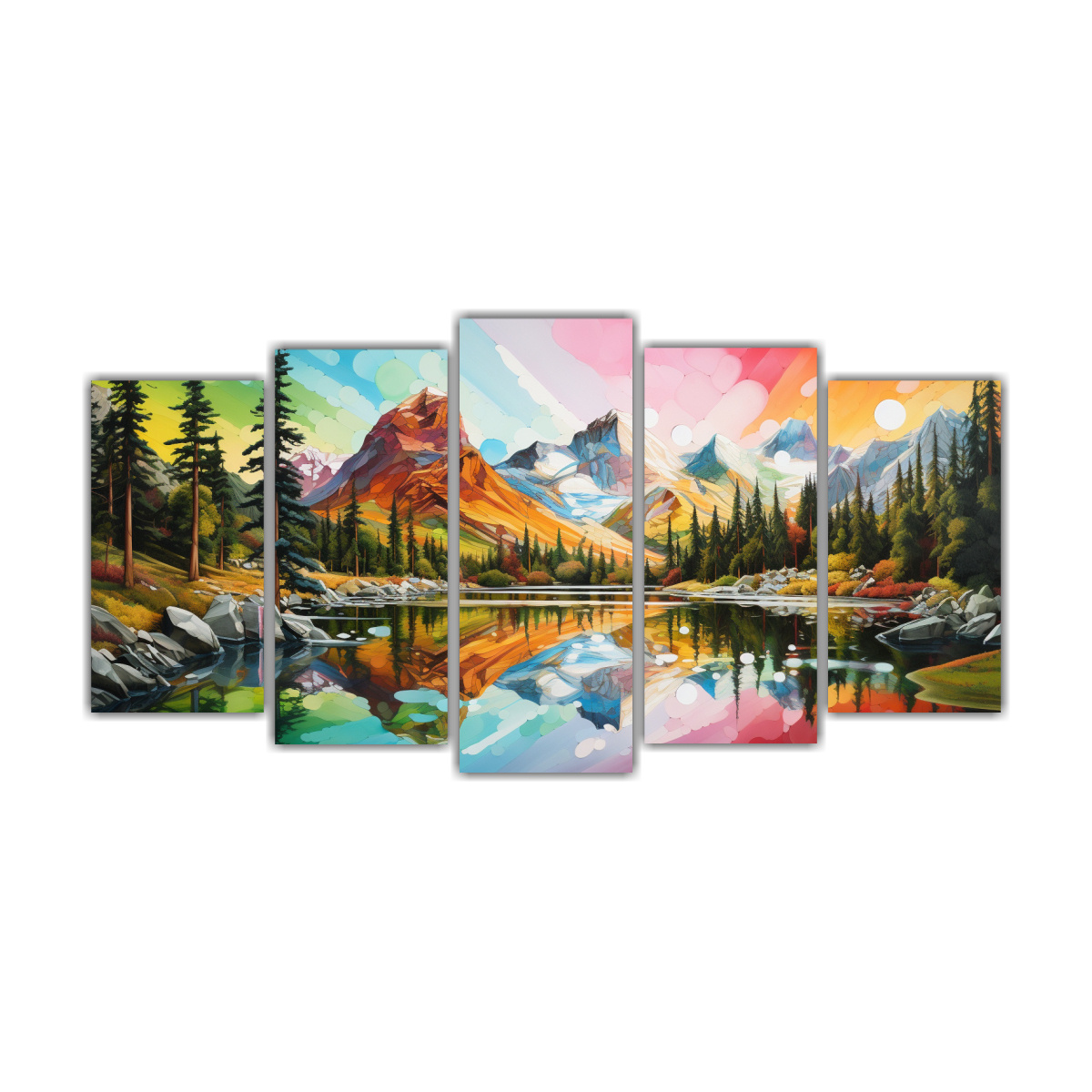 cuadros-acuarela-monta-as-junto-al-lago-con-arco-ris-y-colores-vibrantes