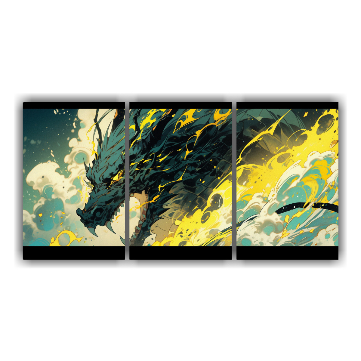 cuadros-de-dragon-en-amarillo-y-turquesa-en-bastidor-detalles-intrincados