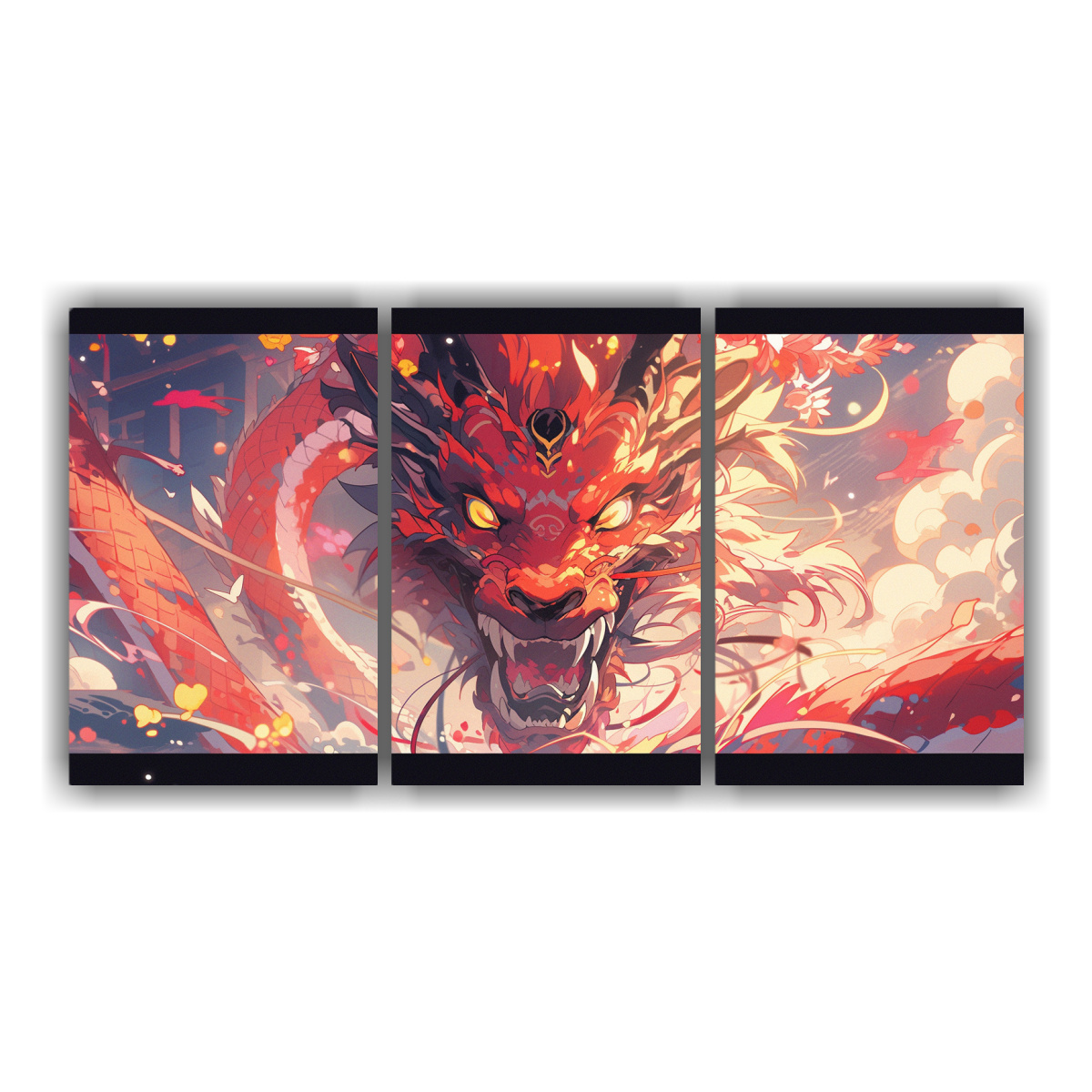 Cuadros Decorativos Multicolor: Dragón En Colores Arcoíris Y Rojo, Atmósfera Neonoir.